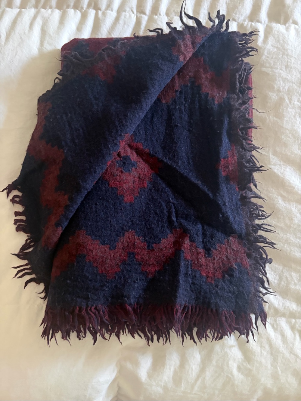 Wilfred Wool blanket scarf large- Navy and Burgundy Fringe